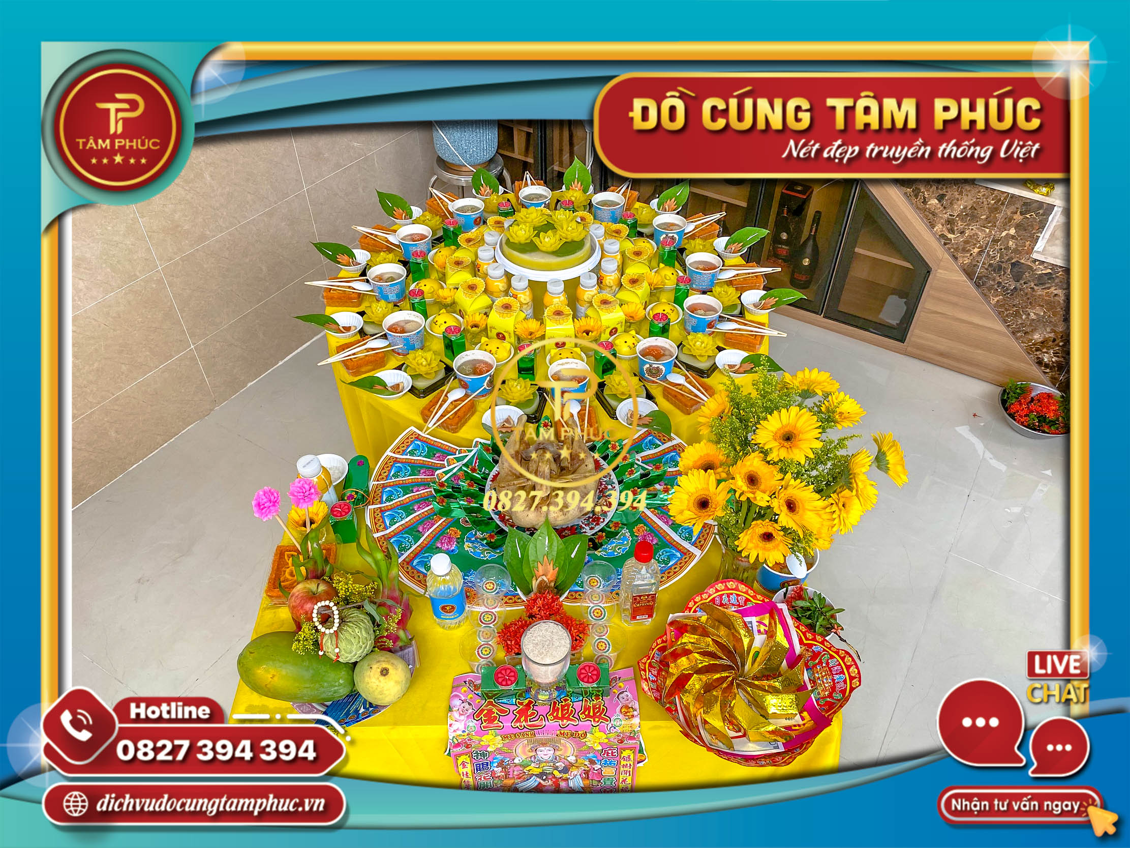 Mâm cúng mụ cho bé tone màu vàng.